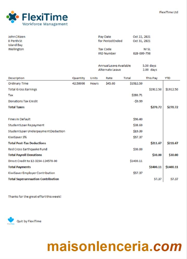 USA FlexiTime workforce management & payroll solutions faktura Word i szablon PDF